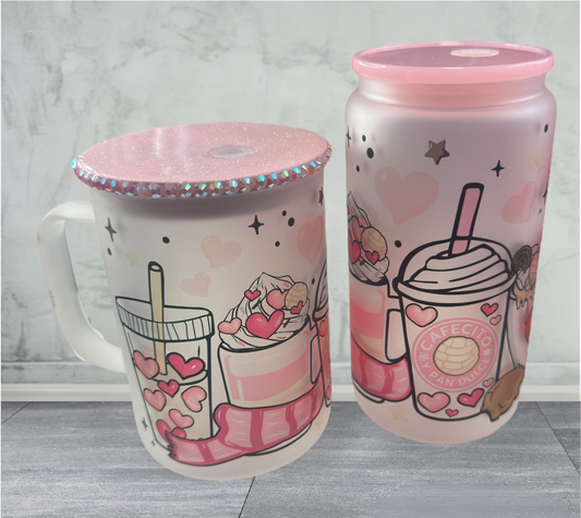 Valentine Cafecito y Chisme Frosted Glass Can | Mug