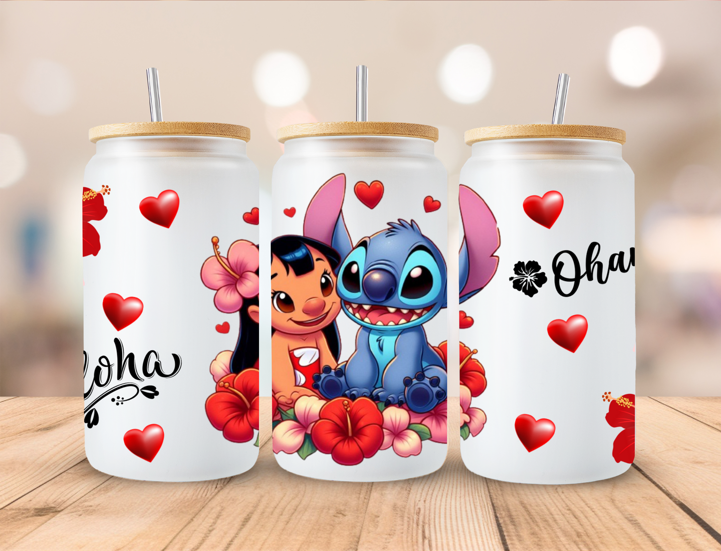 Lily & Stitch Valentines Frosted Glass Can